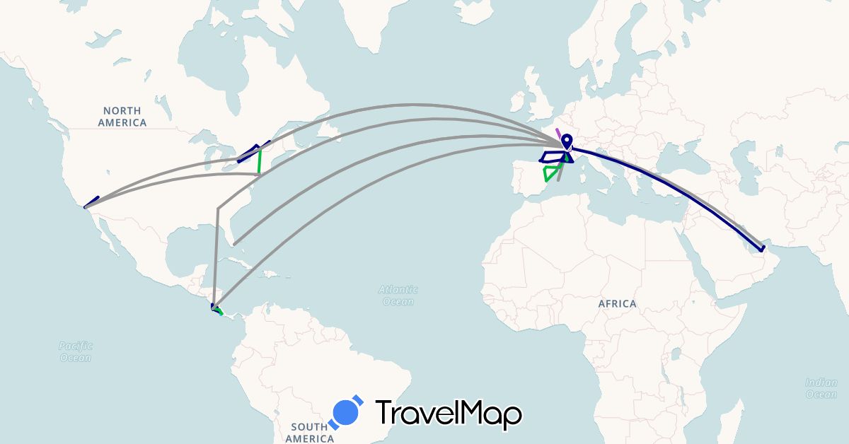 TravelMap itinerary: driving, bus, plane, cycling, train, boat in United Arab Emirates, Canada, Costa Rica, Spain, France, Nicaragua, United States (Asia, Europe, North America)